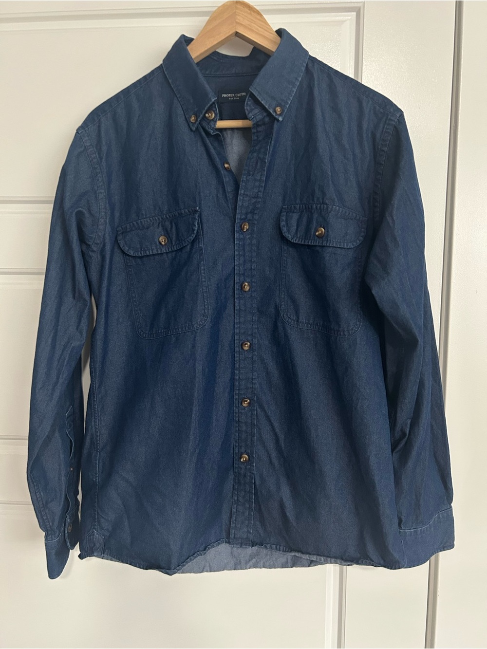Proper cloth mens S Denim Button-Down Shirt- slightly broad chest
